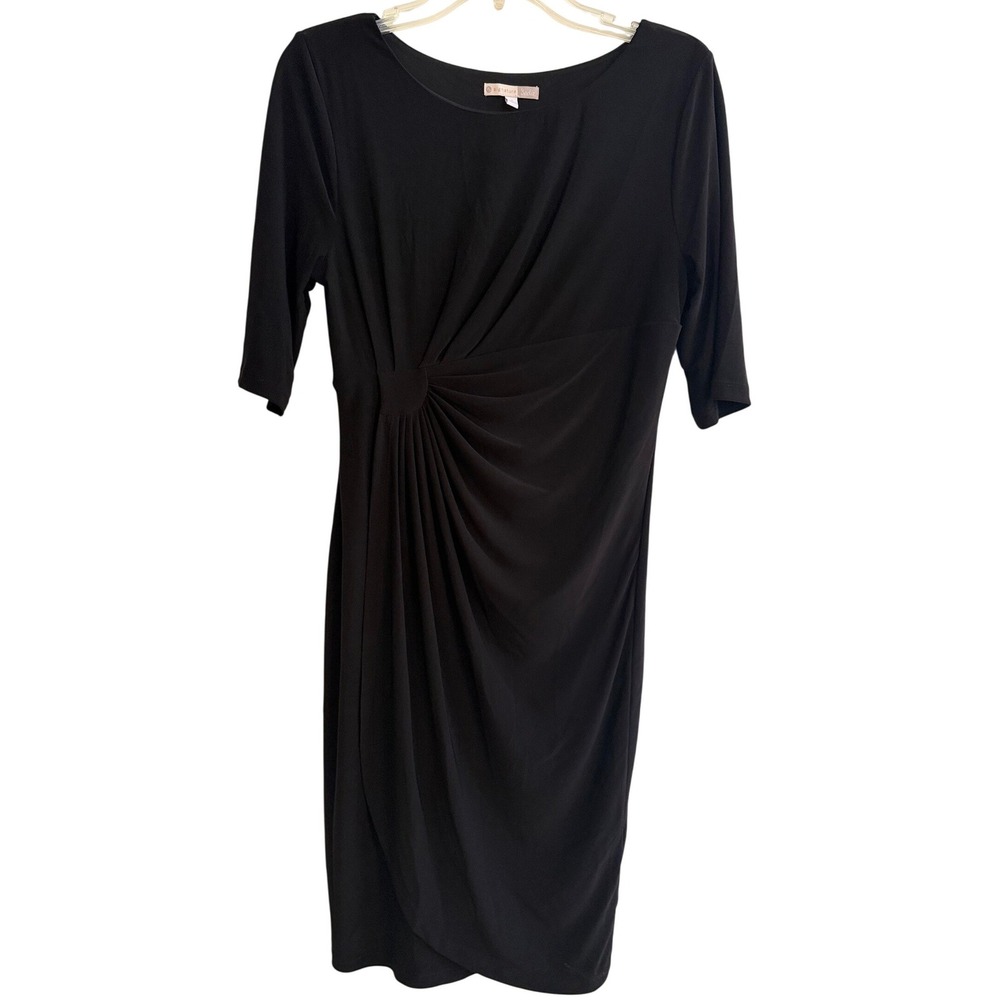 Signature Sadie Sheath Dress Size 8 Medium Black 3/4 Sleeve Faux Wrap Stretch